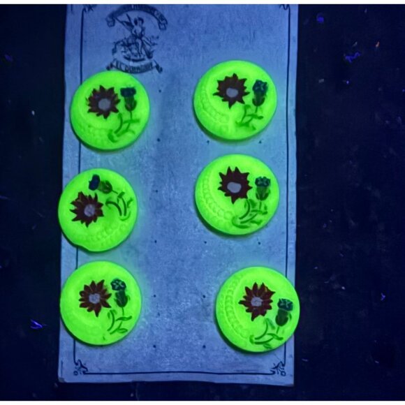 6 Vintage Czech Uranium Glass Buttons On Card Round Floral Sewing Czechoslovakia - Picture 2 of 5
